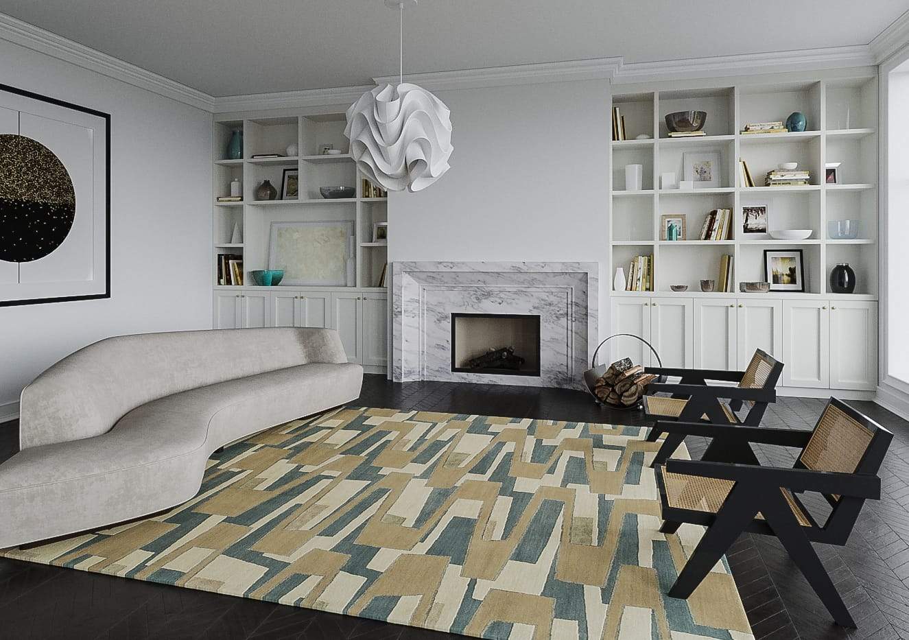 Installation shot of Zigzaggery Quarry, a hand knotted rug designed by Tufenkian Artisan Carpets. room-image